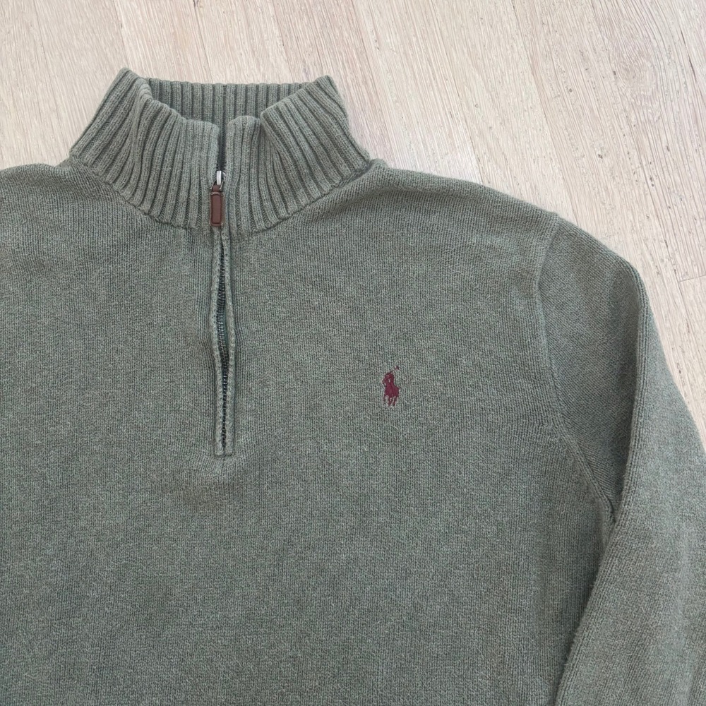 Polo Ralph Lauren Quarter Zip Sweater Mens XL Green Fair Small Hole Mock Neck
